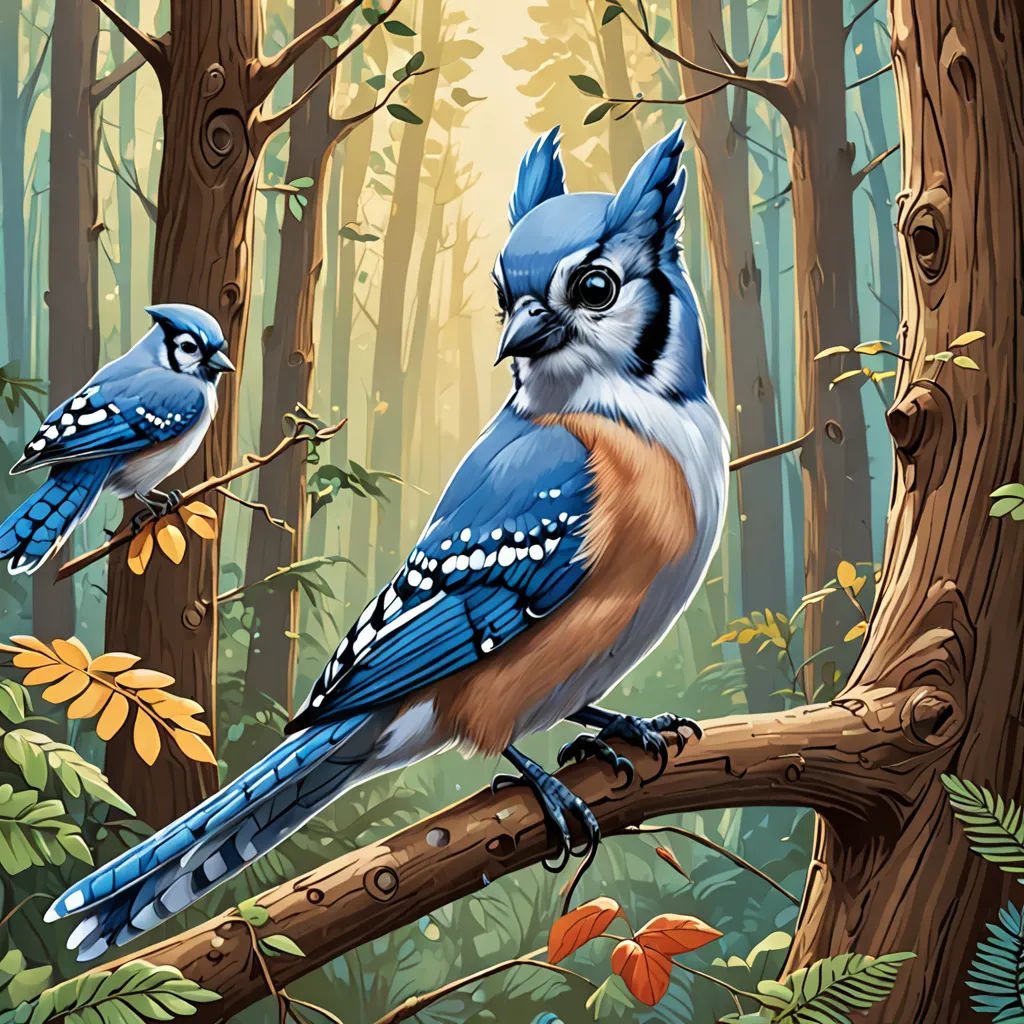 a painting of two blue birds perched on a tree branch in a forest with leaves and flowers around them, fantasy art, a storybook illustration, Dan Mumford, josan gonzales and dan mumford