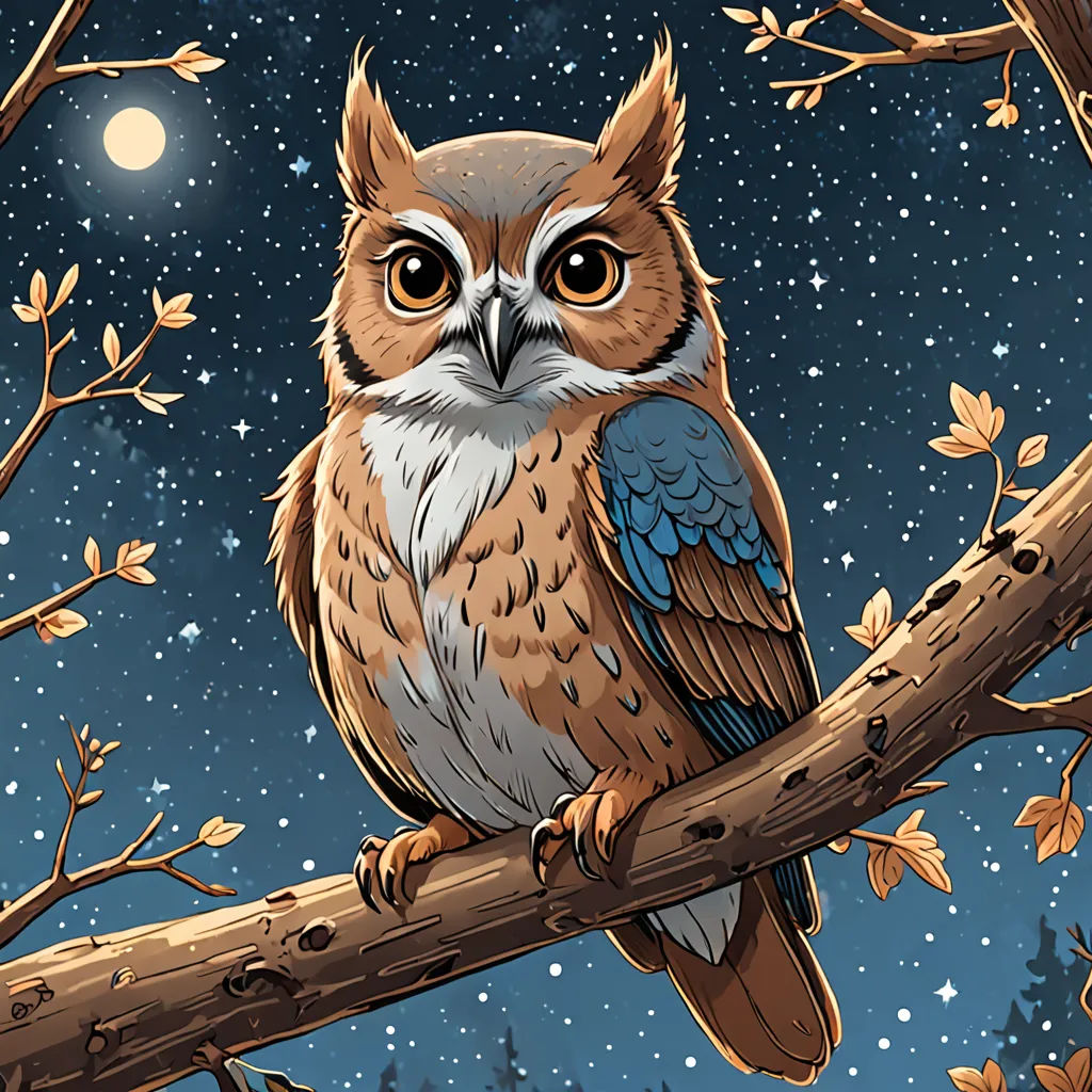 a bird sitting on a branch in a tree with a full moon in the background and stars in the sky, fantasy art, a storybook illustration, Dan Mumford, josan gonzales and dan mumford