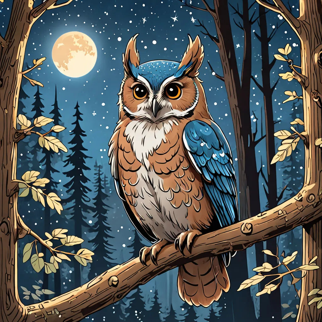 a colorful owl sitting on a branch in a forest at night with a full moon in the background and stars in the sky, fantasy art, a storybook illustration, Dan Mumford, josan gonzales and dan mumford