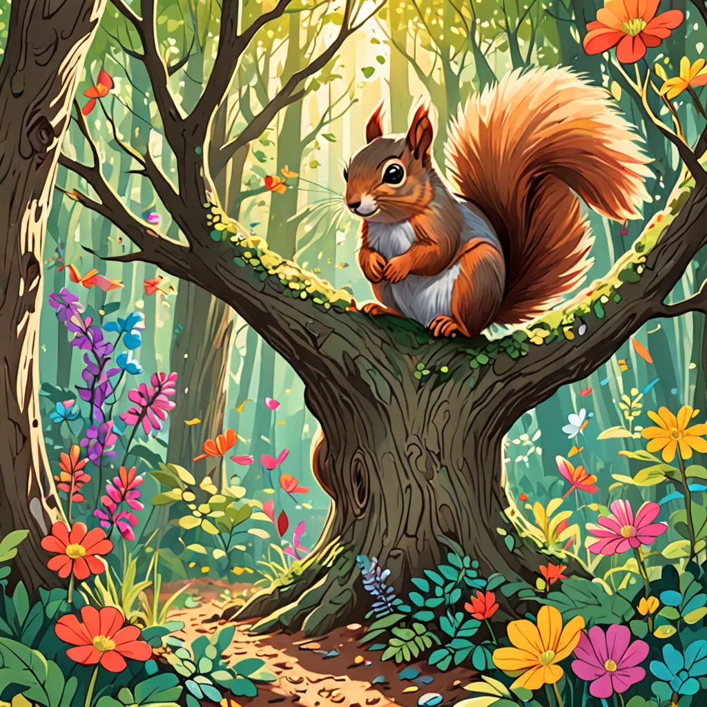 a squirrel sitting on a tree in a forest with flowers and butterflies around it, looking at the camera, furry art, a storybook illustration, Chris LaBrooy, in gouache detailed paintings