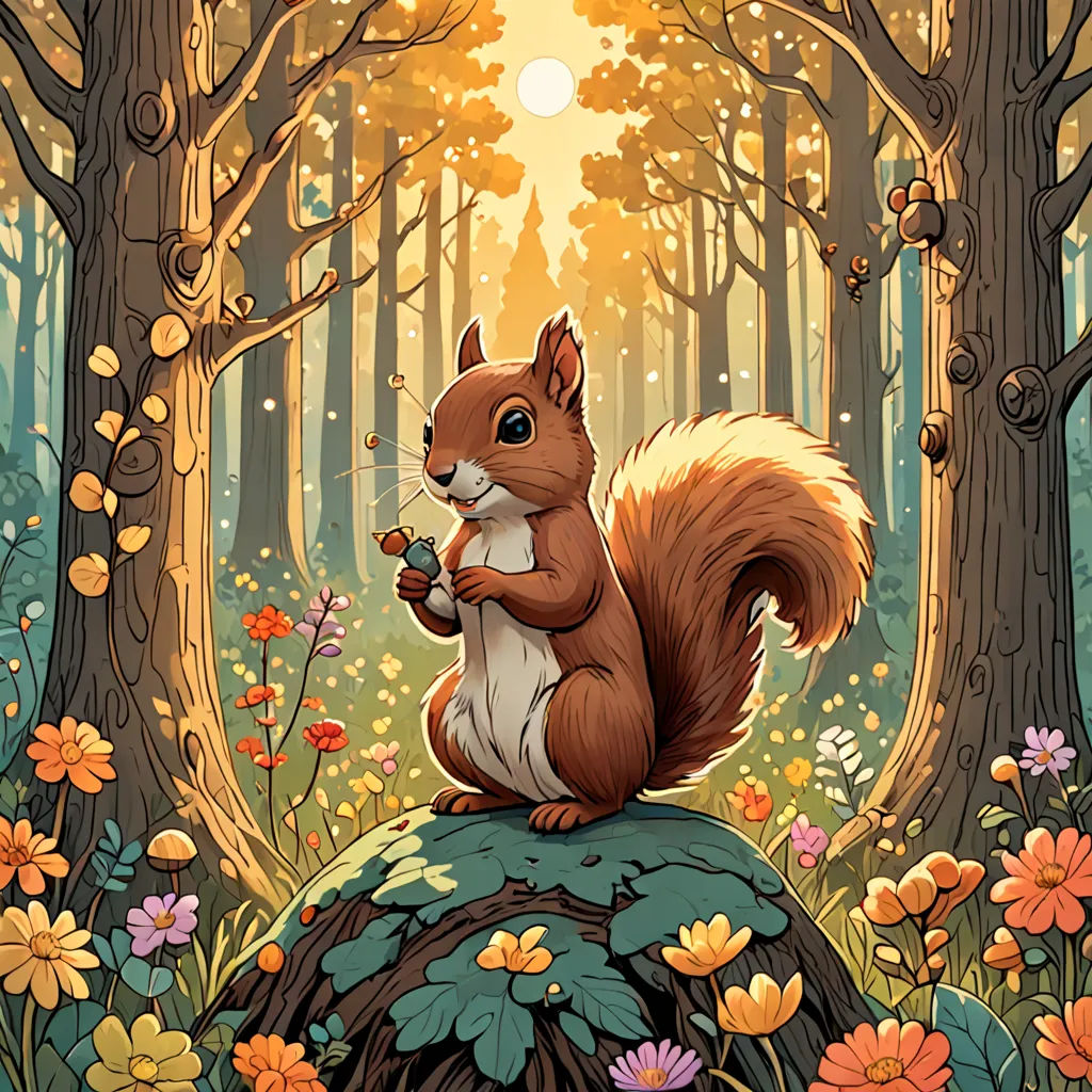 a squirrel sitting on a rock in a forest with flowers and trees around it, eating a nut from a tree, pop surrealism, a storybook illustration, Chris LaBrooy, rossdraws global illumination