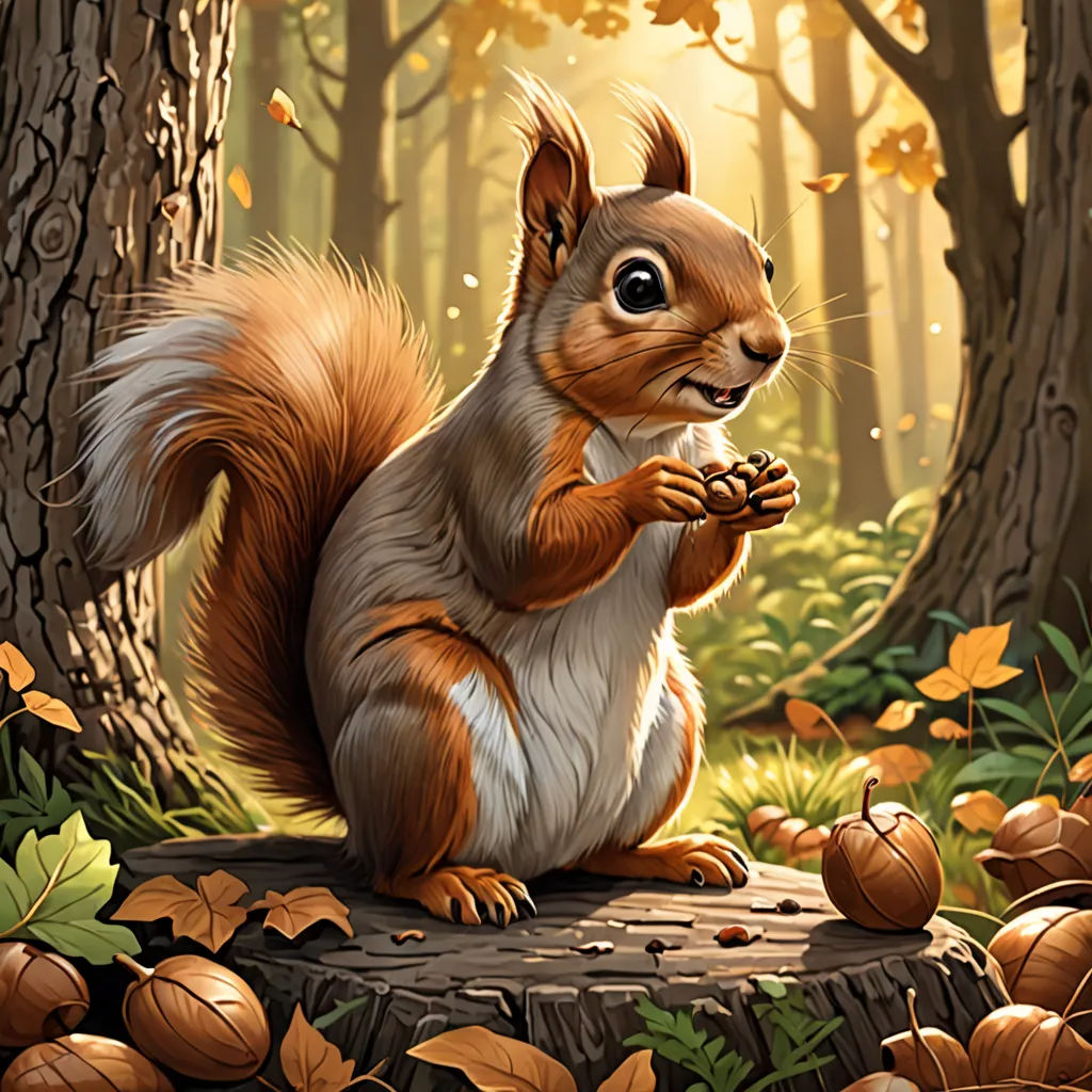 a squirrel eating nuts in a forest with leaves and trees in the background, with a sunbeam in the foreground, altermodern, an ultrafine detailed painting, Chris LaBrooy, magic the gathering artwork