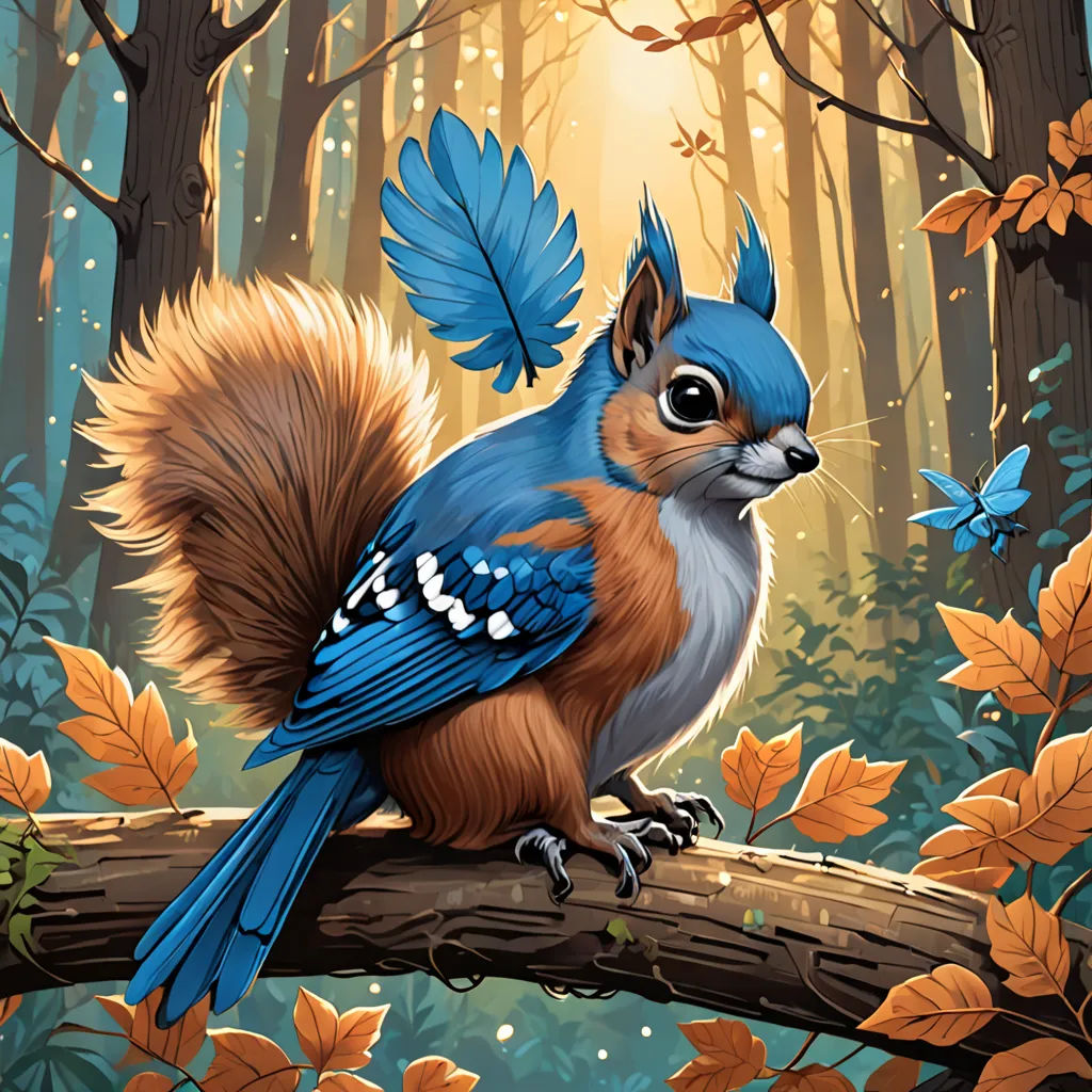 a blue bird with a brown tail sitting on a branch in a forest with leaves and a sunbeam, furry art, a digital painting, Chris LaBrooy, behance hd