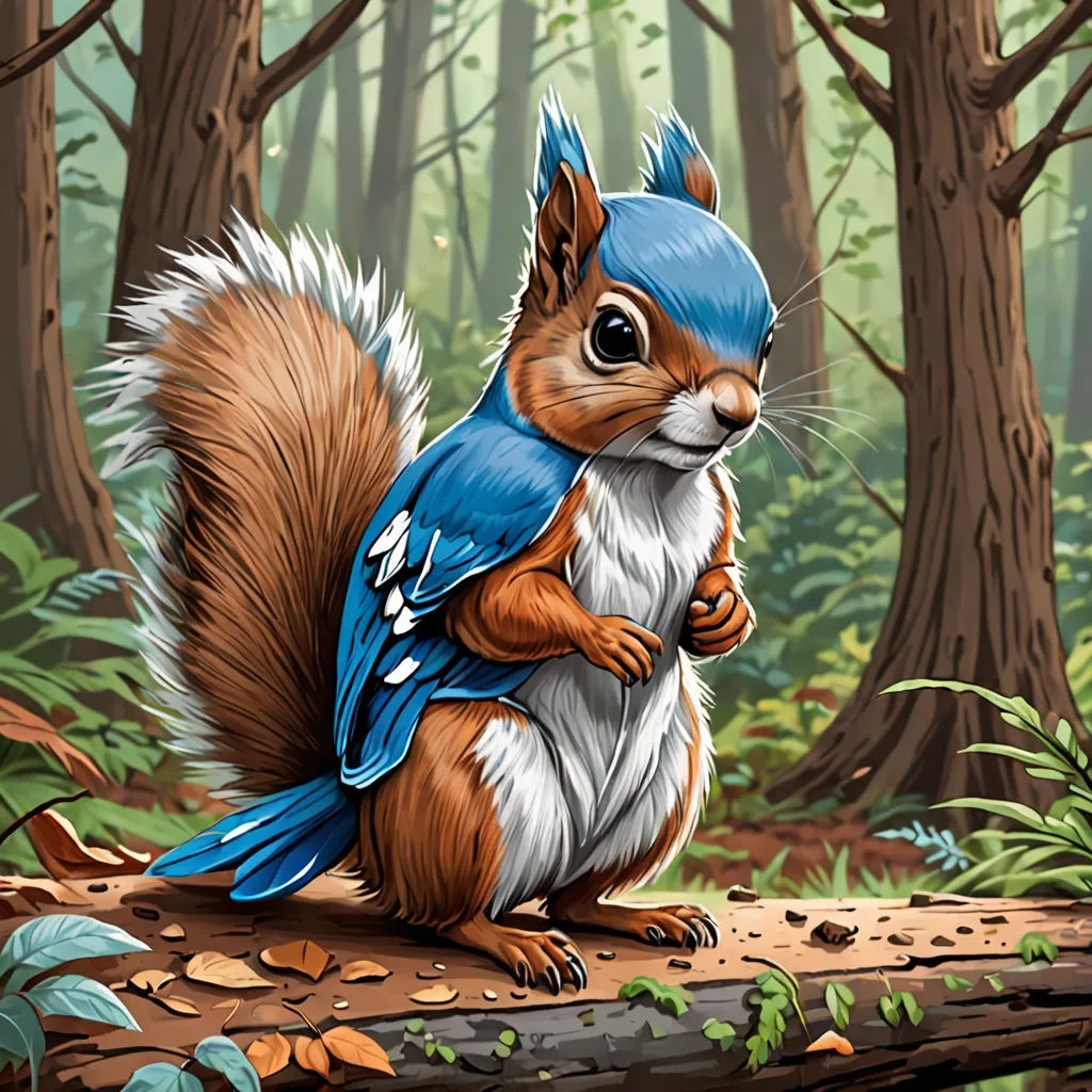 a squirrel with a blue hat is sitting on a log in the woods with leaves on the ground and a tree trunk in the background, furry art, a digital painting, Chris LaBrooy, highly detailed digital painting