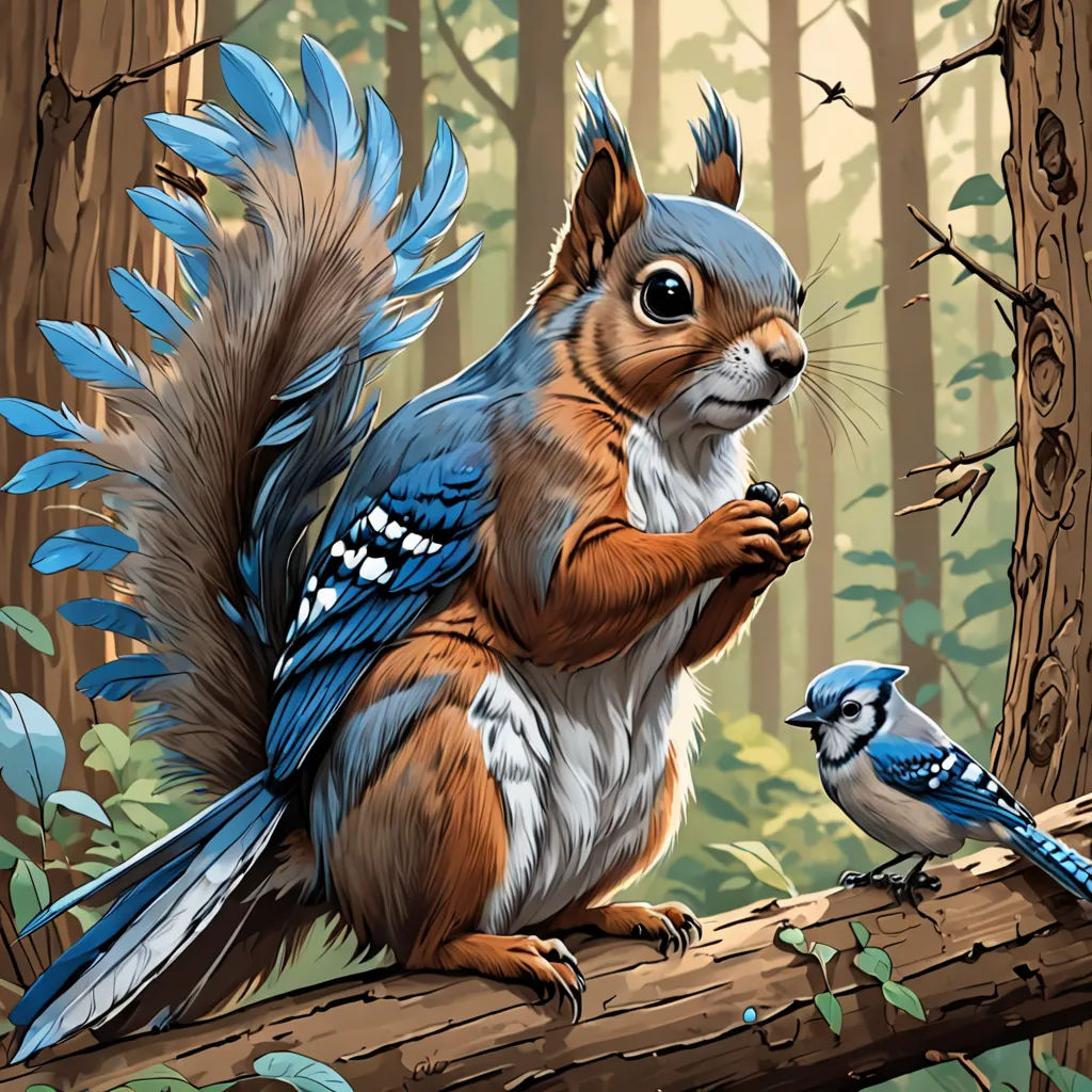 a squirrel and a bird are sitting on a tree branch in the woods, one of which is holding a nut, furry art, a storybook illustration, Chris LaBrooy, highly detailed digital painting