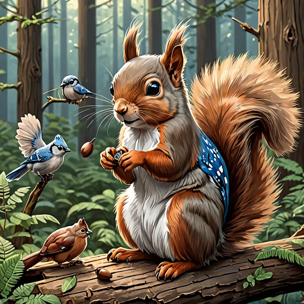 a squirrel is sitting on a log in the woods with a bird nearby and a bird on the branch, fantasy art, a digital painting, Chris LaBrooy, highly detailed digital painting