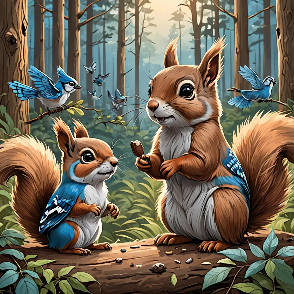 a painting of two squirrels sitting on a log in the woods with blue birds flying around them and a bird on the tree branch, altermodern, a storybook illustration, Chris LaBrooy, highly detailed digital painting