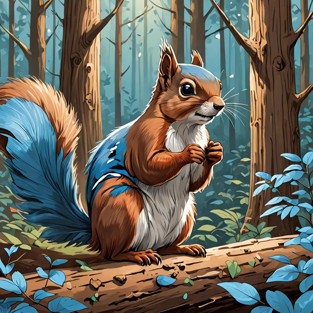 a squirrel is standing on a log in the woods with leaves around it and looking at the camera with a surprised look on his face, furry art, a storybook illustration, Chris LaBrooy, josan gonzales and dan mumford