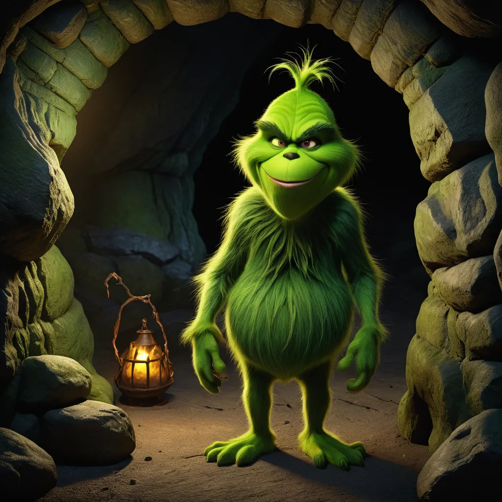 a green monster standing in a cave next to a lantern and a lantern light on a stone wall with a lantern, sots art, an ambient occlusion render, Cliff Childs, promotional image