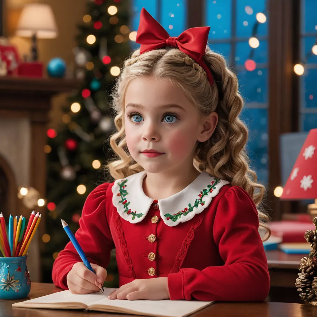 a little girl sitting at a desk with a pen and paper in her hand and a christmas tree in the background, naive art, a child's drawing, artist, portrait photography