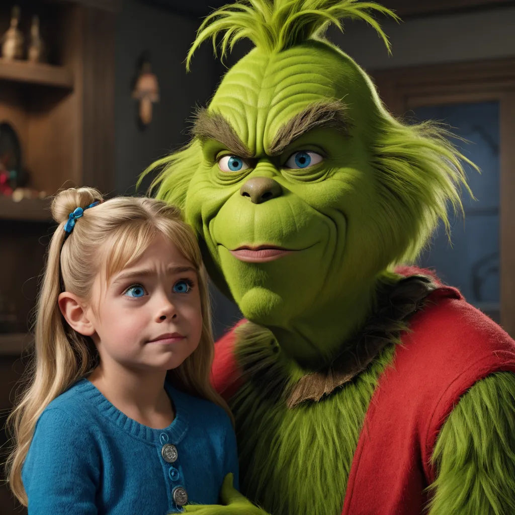 a little girl standing next to a grin face in a room with shelves and a shelf full of toys, photorealism, a character portrait, Andries Both, promotional image