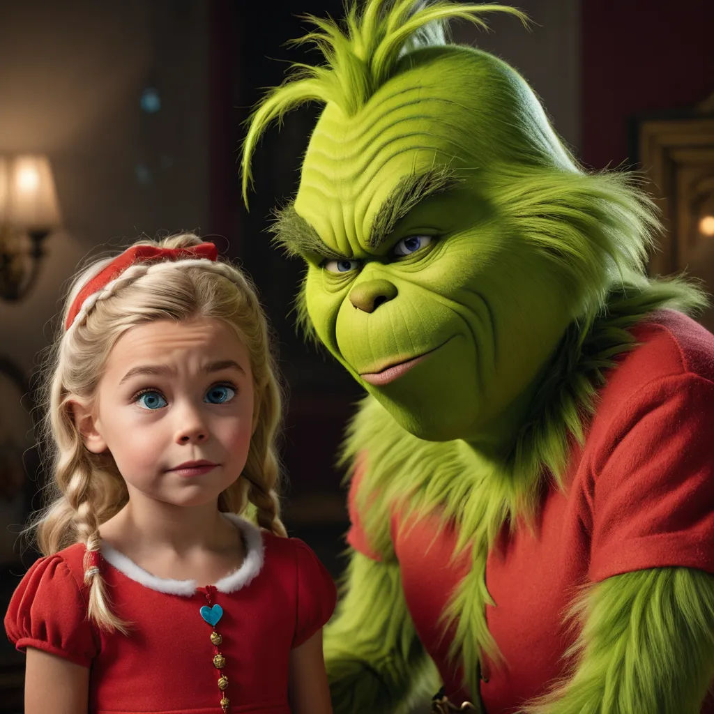 a girl and grin face to face in a scene from the grin movie, the grin is wearing a red dress, institutional critique, a character portrait, Cliff Childs, promotional image