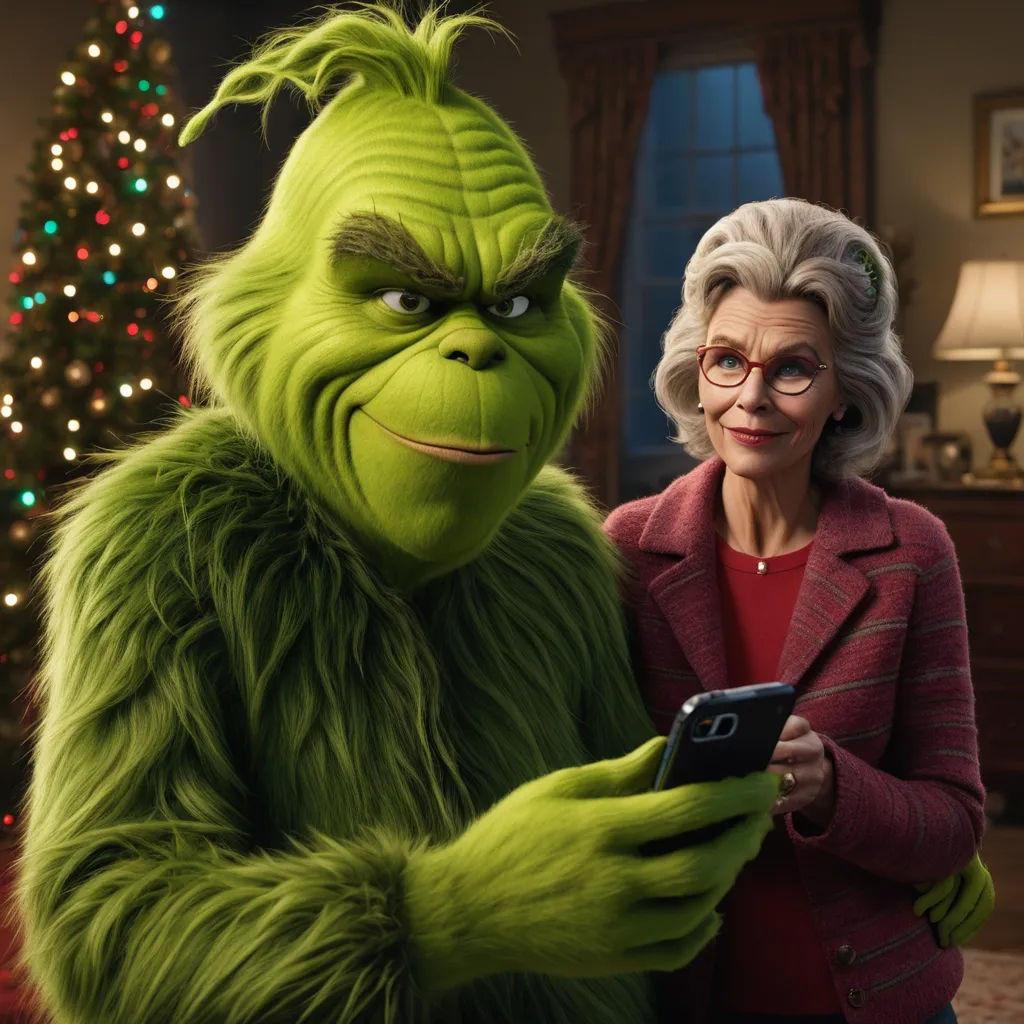a woman in a red jacket and a green grin face holding a cell phone in front of a christmas tree, photorealism, a stock photo, Ernest William Christmas, promotional image