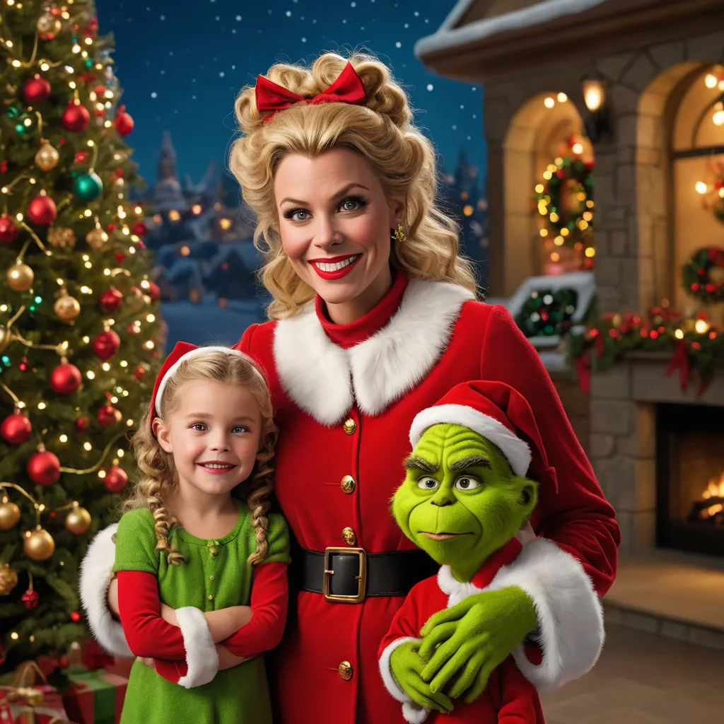 a woman and a child pose for a picture in front of a christmas tree with the grin face on, photorealism, a digital rendering, Ernest William Christmas, promotional image