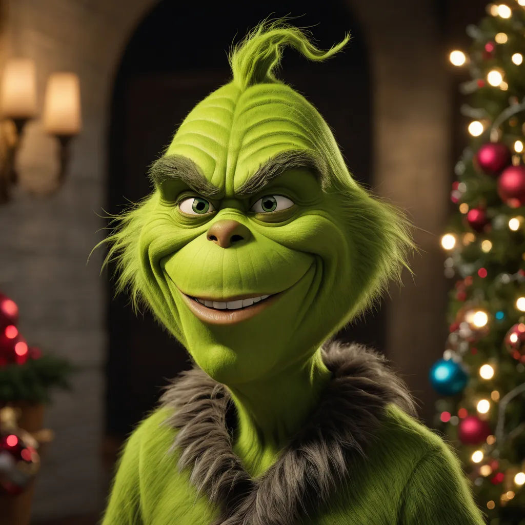 a grin face in front of a christmas tree with lights on it and a christmas tree in the background, photorealism, a character portrait, Ernest William Christmas, unreal engine 5 quality render