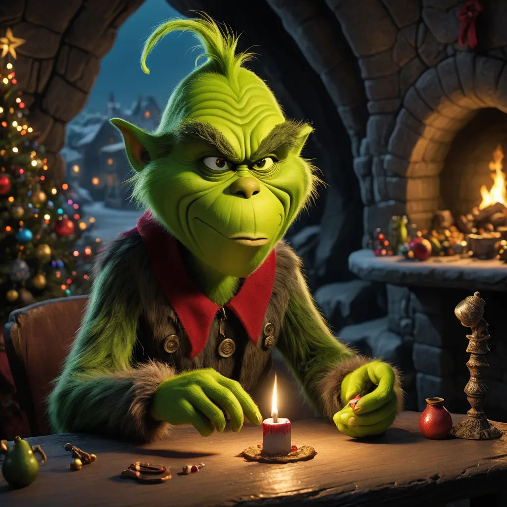 a green troll sitting at a table with a lit candle in front of him and a christmas tree in the background, photorealism, a character portrait, Ernest William Christmas, promotional image