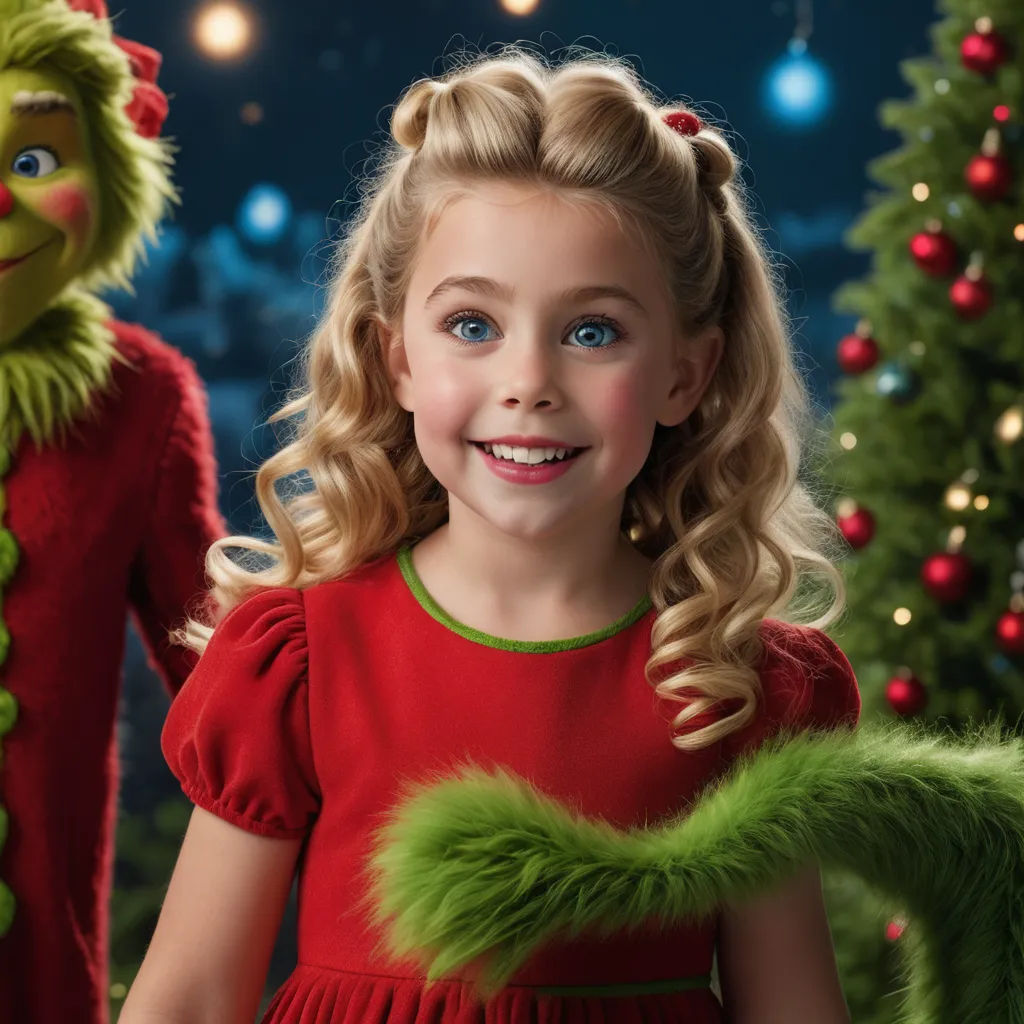 a young girl in a red dress and a green grin face next to a christmas tree with a green grin, kitsch movement, a poster, Andries Both, promotional image