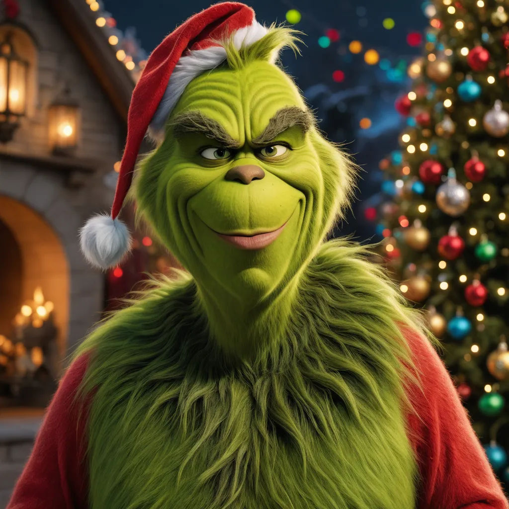 a grin face in a santa hat next to a christmas tree and a lit up tree with lights on it, sots art, a character portrait, Ernest William Christmas, unreal engine 5 quality render