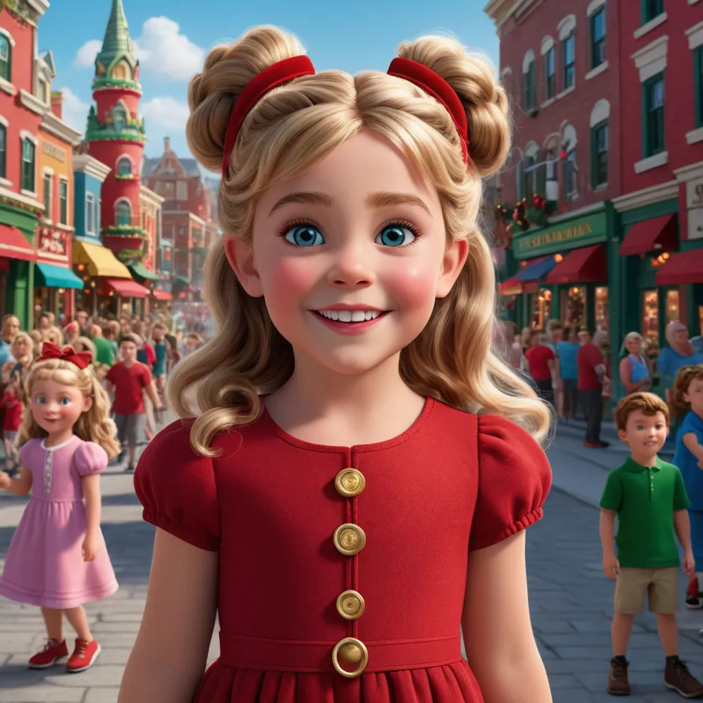 a cartoon girl in a red dress standing in front of a crowd of children in a town square with a red building, photorealism, a character portrait, disney, animated