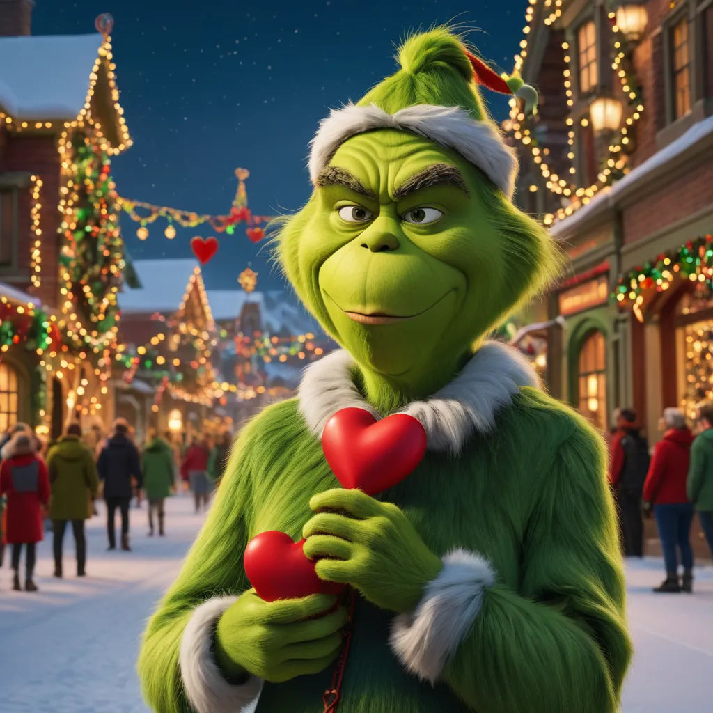 the grin is holding a heart in a christmas scene with people walking around it and lights on the buildings, american romanticism, a character portrait, Ernest William Christmas, promotional image
