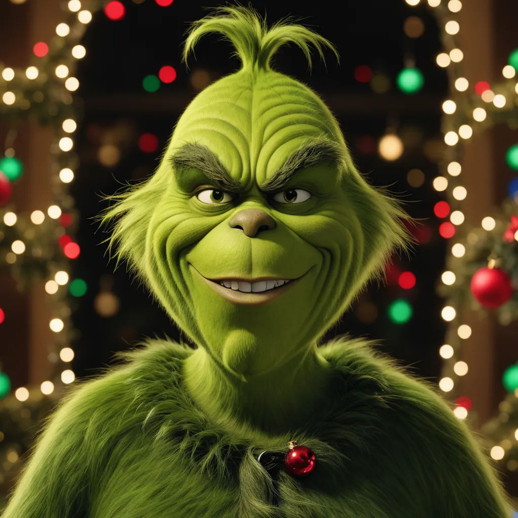 a grin face is shown in front of a christmas tree and lights in the background, with a christmas tree in the background, photorealism, a character portrait, Ernest William Christmas, cgstudio