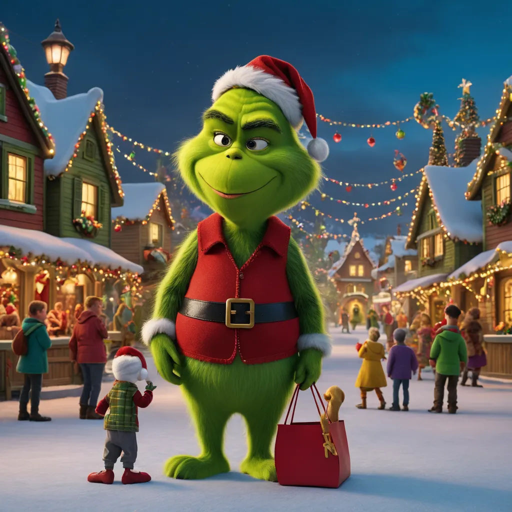 the grinch is dressed in a santa hat and holding a bag of presents in front of a christmas village, excessivism, a 3D render, Ernest William Christmas, promotional image