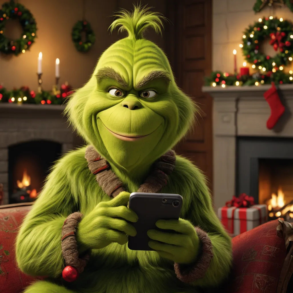 a grinch holding a cell phone in a living room with a fireplace and christmas decorations on the walls, furry art, a character portrait, Ernest William Christmas, unreal engine 5 quality render