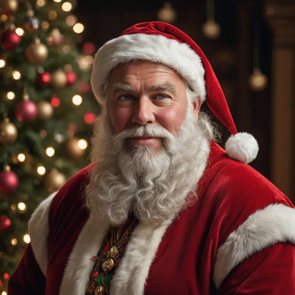 a man dressed in a santa suit and a beard with a beard and mustache, standing in front of a christmas tree, dau-al-set, a character portrait, Ernest William Christmas, unreal engine 5 quality render