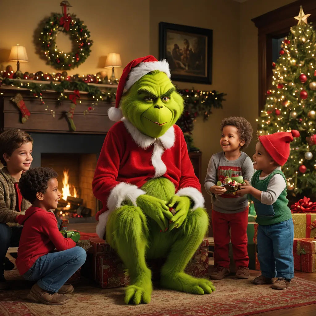 a group of children and a griner in front of a christmas tree with presents on the floor and a man in a santa hat, dau-al-set, a digital rendering, Ernest William Christmas, promotional image