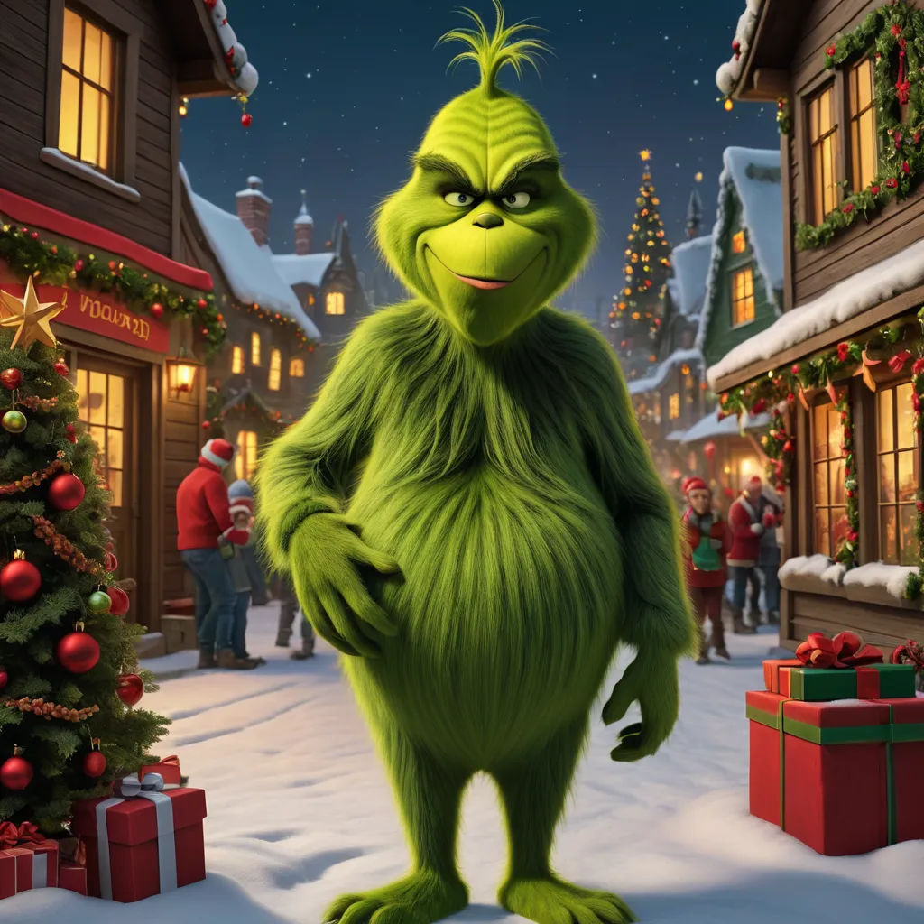 a grin face is standing in front of a christmas tree and a christmas tree with presents in front of it, sots art, a digital rendering, Ernest William Christmas, promotional image