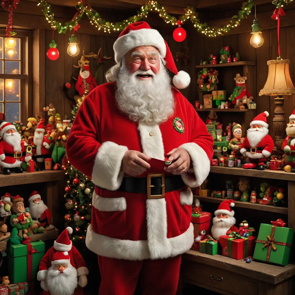 a man dressed as santa claus standing in front of a christmas display of santa claus and other christmas decorations, naive art, a digital rendering, Ernest William Christmas, promotional image