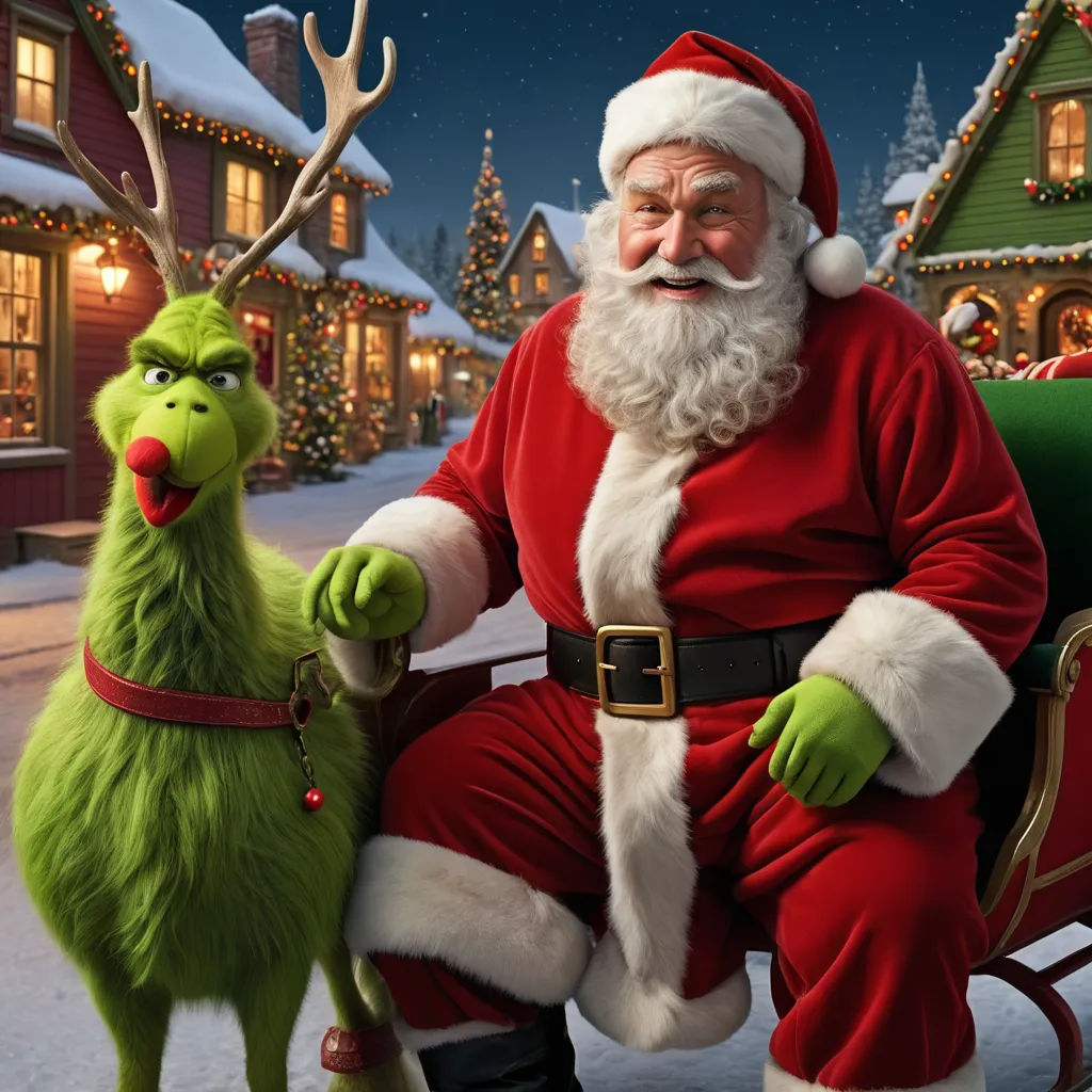 a man dressed as grinen and a reindeer in front of a christmas village with a sleigh, dau-al-set, a computer rendering, Ernest William Christmas, promotional image