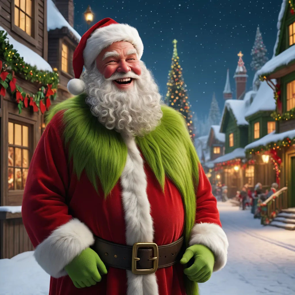 a cartoon santa clause standing in front of a christmas village with a christmas tree and lights on it's buildings, dau-al-set, a digital rendering, Ernest William Christmas, 4k uhd image