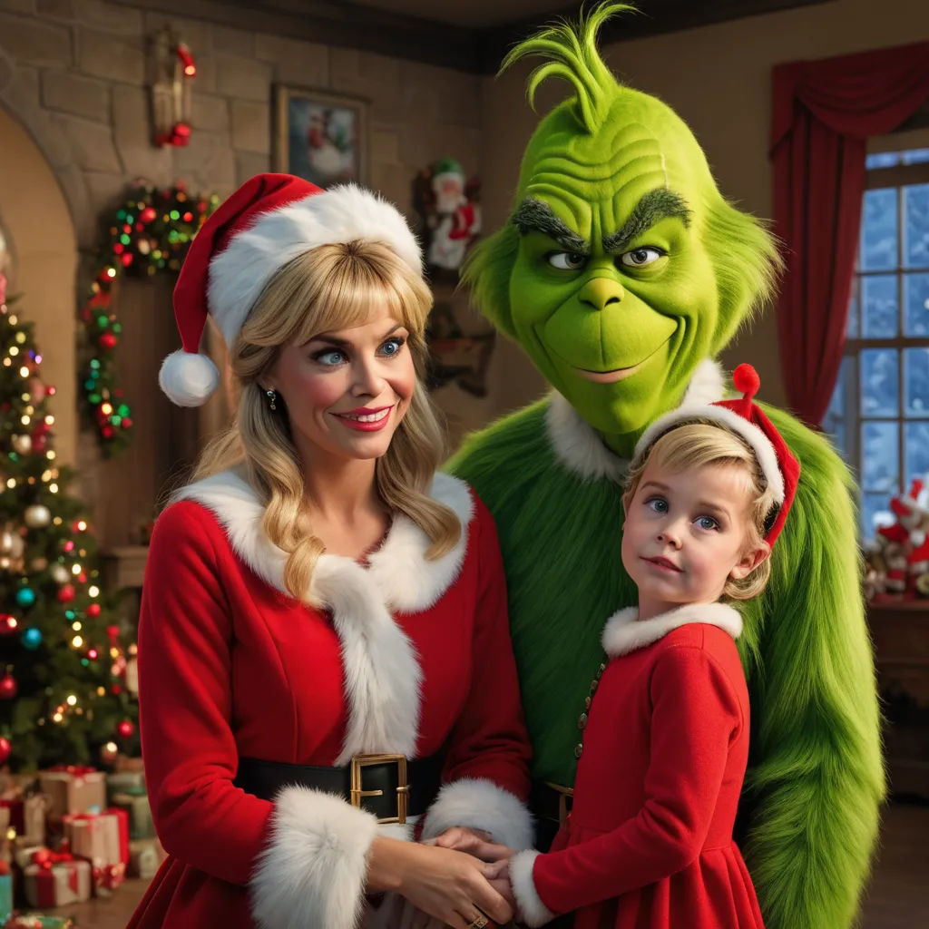a woman and a child dressed up as grin and the grin costumed up as santa claus and the grin, dau-al-set, a character portrait, disney, promotional image