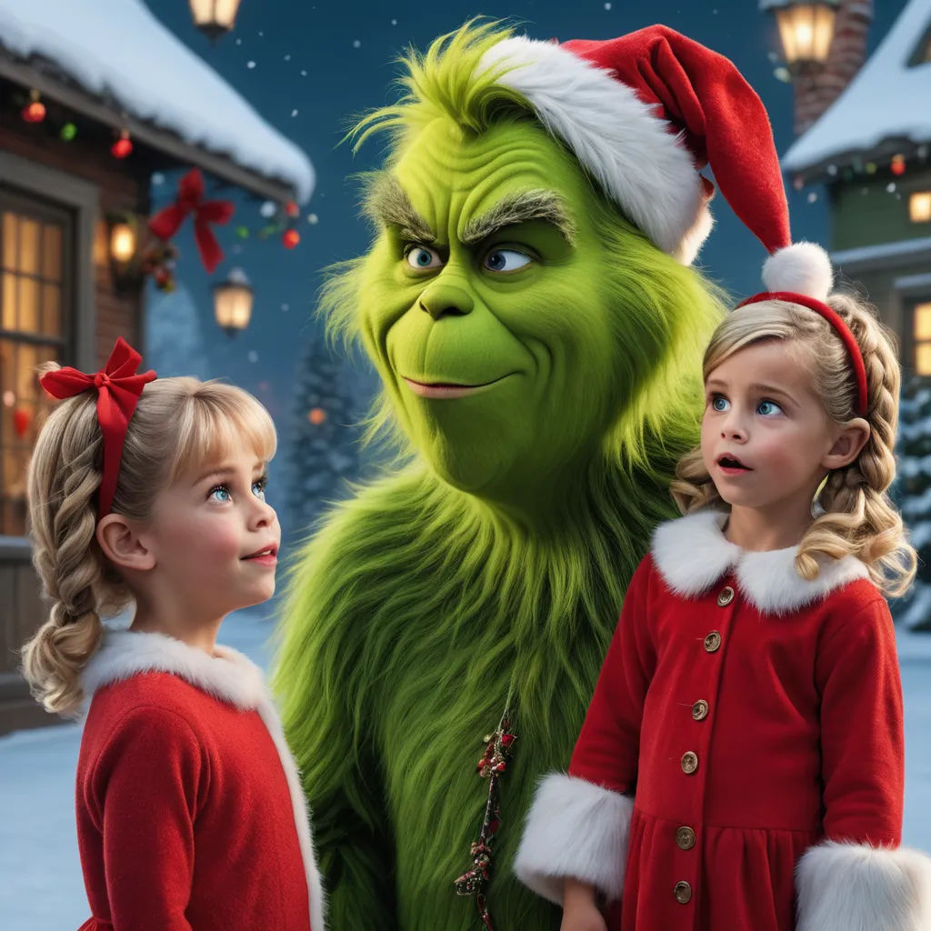 a couple of kids standing next to a grin face in front of a building with a christmas tree in the background, sots art, a poster, Ernest William Christmas, promotional image