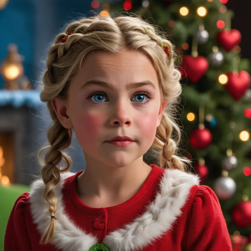 a young girl in a red sweater with a christmas tree in the background and a lit christmas tree in the foreground, photorealism, a photorealistic painting, Evaline Ness, cgstudio