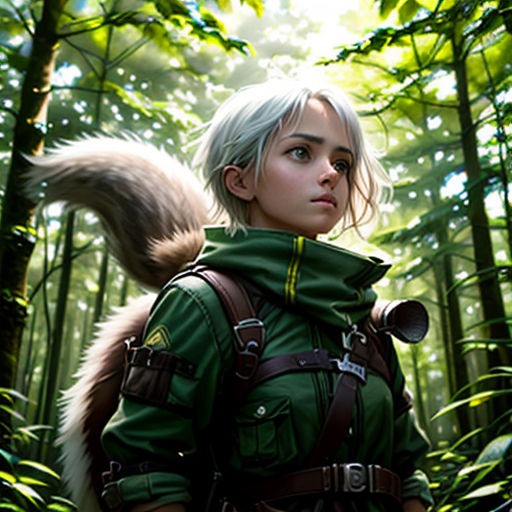 a woman in a forest with a squirrel on her shoulder and a backpack on her shoulder, with a squirrel on her shoulder