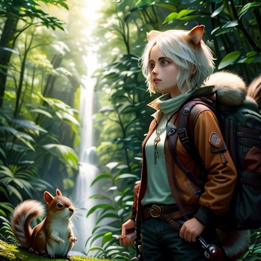 a woman with a backpack and a squirrel in a forest with a waterfall in the background and sunlight streaming through the trees