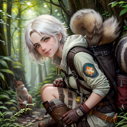a woman with a backpack and a squirrel in the woods with a squirrel on her back, and a squirrel on her shoulder