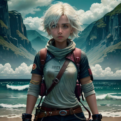 a woman standing on top of a beach next to the ocean with a gun in her hand and a mountain in the background
