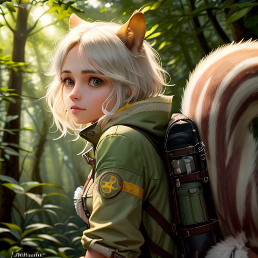 a girl with a cat ears and a backpack in a forest with a horse behind her, and a forest background