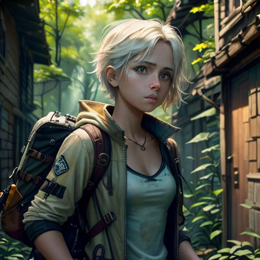 a woman with a backpack standing in a forest next to a building and a building with a door open