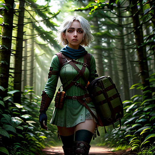 a woman in a green dress is walking through the woods with a backpack and a backpack on her back