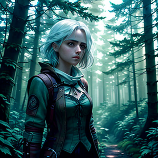 a woman in a forest with a sword in her hand and a light blue hair and a hoodie