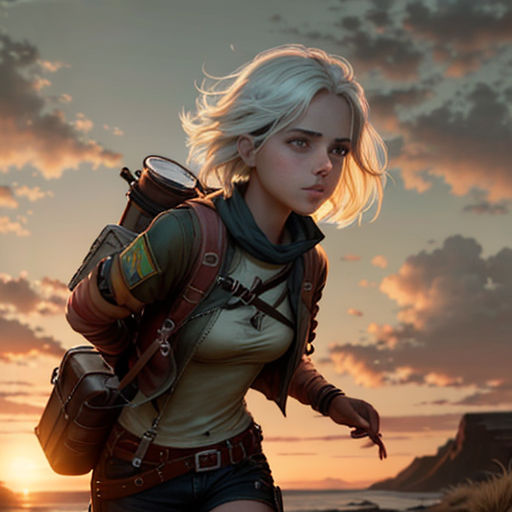 a woman with a backpack and a backpack walking on a beach at sunset with a sunset in the background