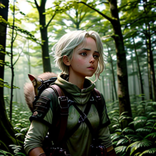 a woman in a forest with a cat on her back and a backpack on her shoulder, with a forest background