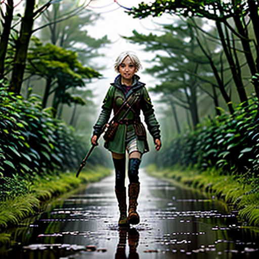 a woman walking down a rain soaked road holding a sword and a bow in her hand, with a forest background