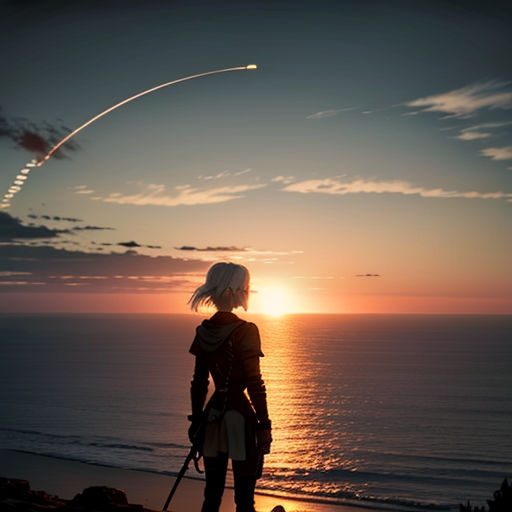 a woman standing on a cliff overlooking the ocean at sunset with a rocket in the sky above her and a jet streaking overhead