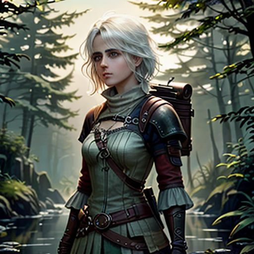 a woman in a green dress standing in a forest with trees and a stream behind her, with a sword in her hand