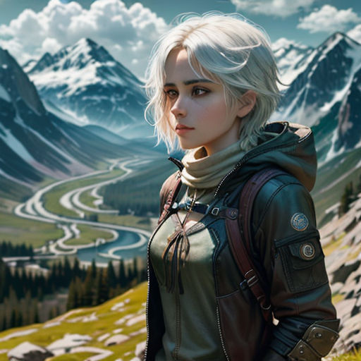 a woman standing in front of a mountain range with a valley in the background and a road in the foreground